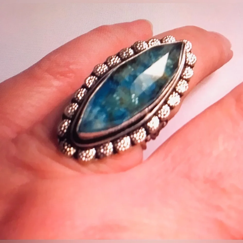 Blue Apatite Stamped 925 Sterling Silver Ring - Picture 2 of 3